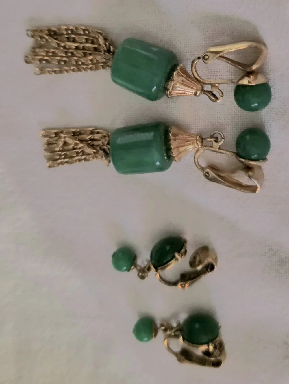 Vintage Green Earrings Lot, 1960s Faux Jade Pearl Drops + 1970s Gold Tassel